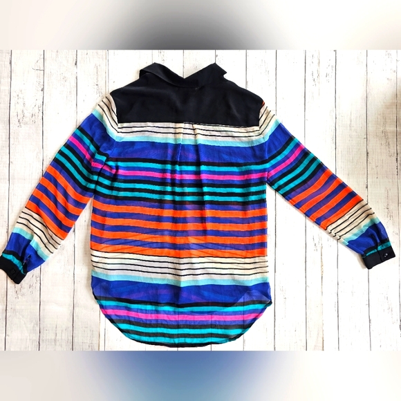 Bisou Bisou Bold Bright Colorful Striped Chiffon Sheer Button up Blouse Top - Picture 6 of 13